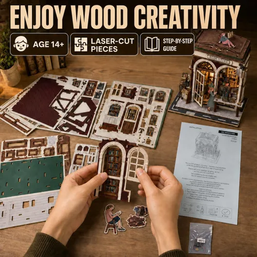 Vista 3 de Rompecabezas de madera 3D, kits de rincón de libros para adultos, kits de construcción de casas en miniatura, manualidades de madera