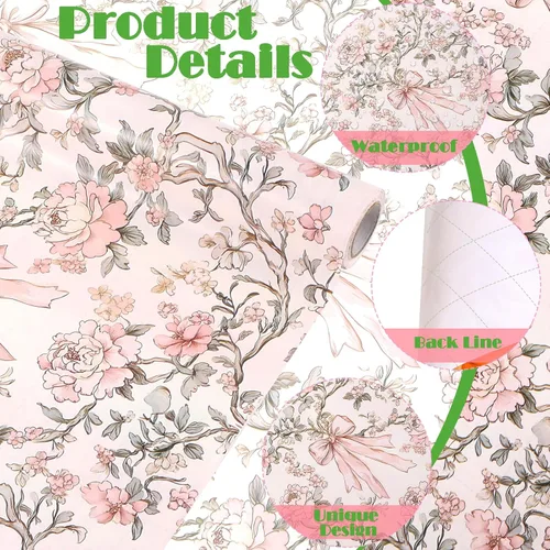 Vista 2 de Ywdbzjhs 1 rollo de papel de regalo de lazo rosa y flores, 17 pulgadas x 33 pies, papel de regalo con lazos florales vintage coqueta, para San