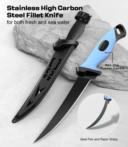 Vista 4 de Kit de herramientas y equipo de pesca profesional Sidomma con alicates de pesca, cuchillo de filetear, tijeras, agarre de labios de pez, regla