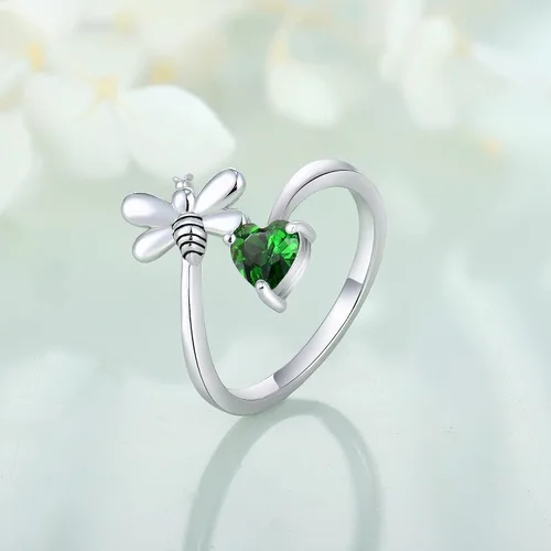 Vista 3 de FJ Anillo abierto de plata de ley para mujer, con piedra natal (anillo ajustable)
