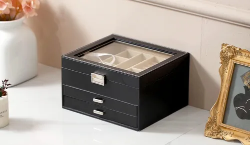 Vista 6 de AOSIFIEL Joyero de 3 capas organizador de joyas con tapa de cristal transparente, joyero para mujeres, adolescentes y niños, caja de almacenamiento