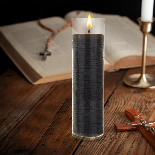 Vista 2 de Mega Candles 1 pieza Velas de Oración Devocional de Recipiente de Vidrio Negro Sin Aroma de 7 Días, Vela de Cera Premium 2 Pulgadas x 8 Pulgadas