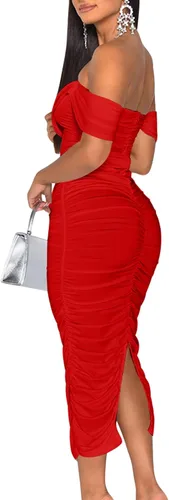 Vista 2 de HOCILLE Vestidos de tubo para mujer, sexy, fruncido, sin tirantes, con hombros descubiertos, para fiesta