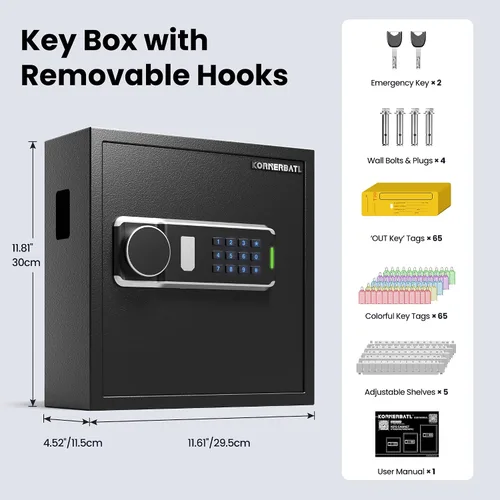 Vista 2 de KornerBatl Caja de bloqueo de llave de 65 posiciones con código, soporte de pared electrónico resistente para llaves con ranura de depósito y luz
