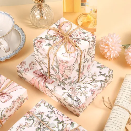 Vista 6 de Ywdbzjhs 1 rollo de papel de regalo de lazo rosa y flores, 17 pulgadas x 33 pies, papel de regalo con lazos florales vintage coqueta, para San