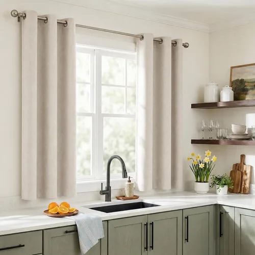 Vista 5 de Cortinas opacas de lino para dormitorio de 45 pulgadas de largo, cortinas beige con ojales para sala de estar, cortinas de oscurecimiento