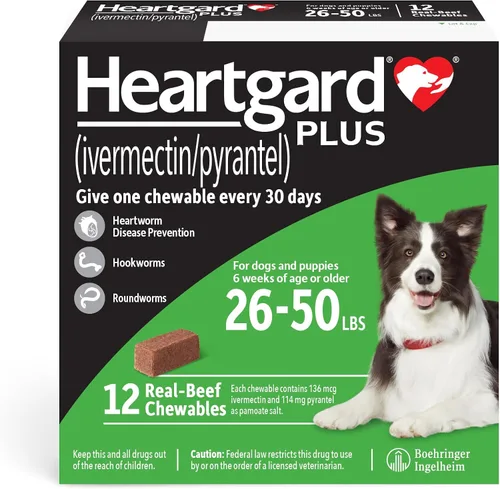 Vista 12 de HEARTGARD® Plus (ivermectina/pirantel) Masticables de Carne de Res Real para Perros de 26-50 libras (Caja Verde) Suministro de 6 Meses