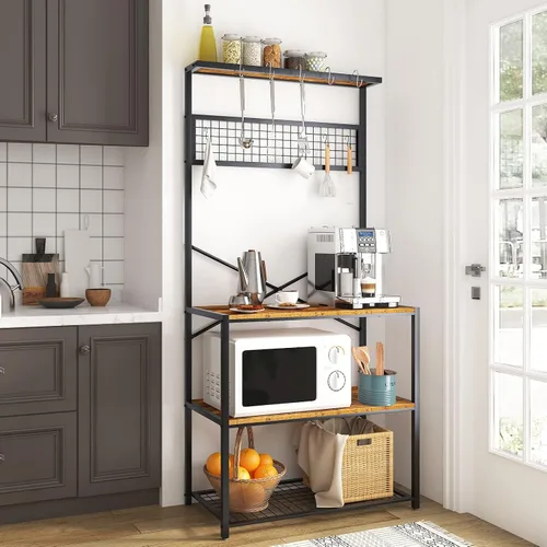Vista 4 de soges Estante de cocina para panadero, diseño de 4 niveles, soporte para microondas, marrón rústico, organizador de utilidad, panel inferior