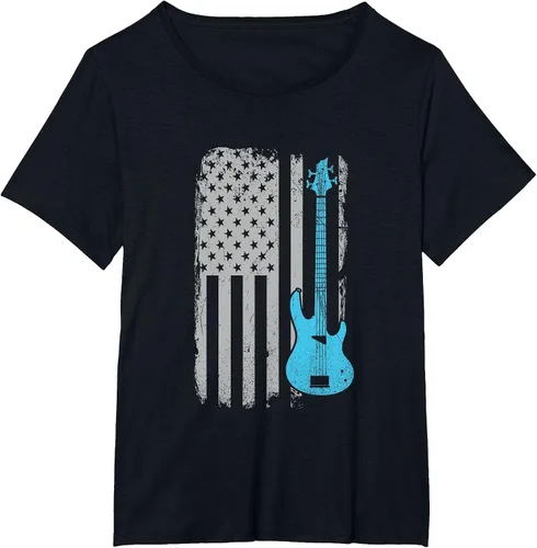 Vista 65 de Electric Bass Guitar Player American Flag Musician T-Shirt Asphalt Grey