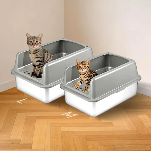 Vista 8 de Kirecoo Paquete de 2 cajas de arena de acero inoxidable con tapa, caja de arena de metal cerrado mediano para gatos, bandeja de arena antifugas