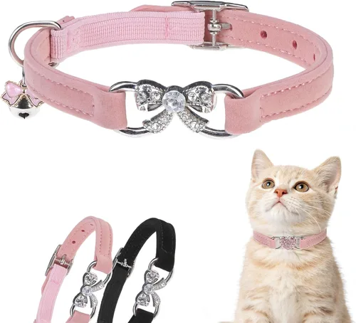 Vista 18 de BINGPET collar ajustable para gatos, de terciopelo suave, seguro, collares Bling diamante con cascabel, Adjustable, Negro Negro
