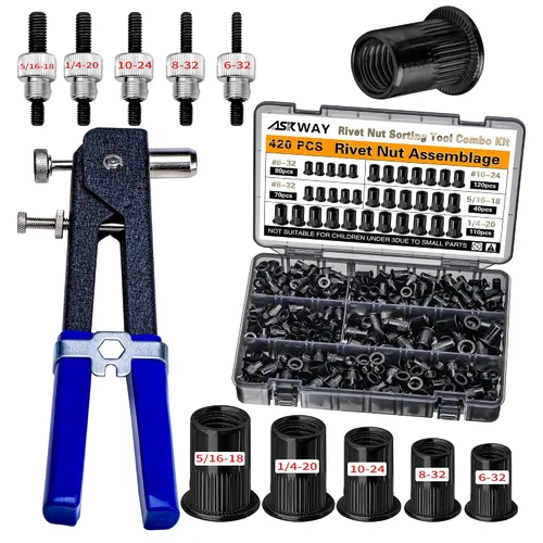 Vista 4 de ASKWAY - Herramienta de tuerca remachadora SAE 420 piezas de acero al carbono imperial Kit de herramientas de tuerca remachadora