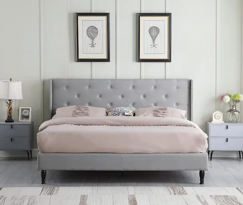 Vista 8 de Base de cama de plataforma tapizada Queen con cabecera de 45 pulgadas y base ajustable, cama de lino con botones copetudos, soporte de listones