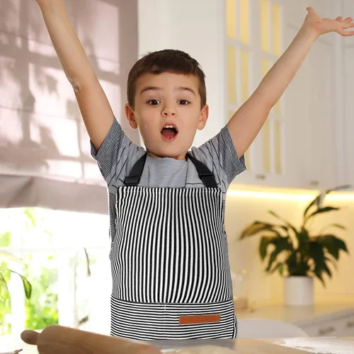 Vista 6 de Jiuguva 2 piezas de delantal para niños ajustable de algodón para niños pequeños con rayas de chef con 2 bolsillos para hornear para niños
