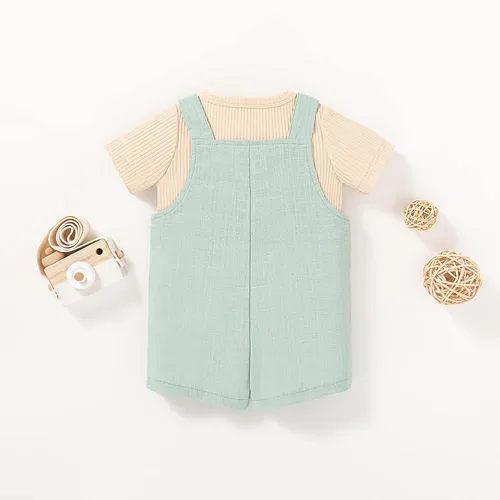 Vista 4 de MBMSHEGH Conjunto de ropa de verano para bebé y niño, con parte superior acanalada y tirantes con botones
