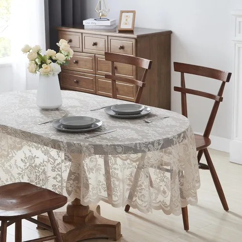 Vista 13 de LinenZone Hermoso mantel redondo de encaje con elegante borde festoneado para cualquier evento especial como bodas, fiestas de cumpleaños, baby