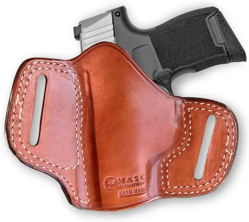 Vista 4 de Masc Funda de cuero prémium para cinturón OWB con parte superior abierta para P365 Micro Compact de 3.1 pulgadas, dibujo a mano derecha, marrón