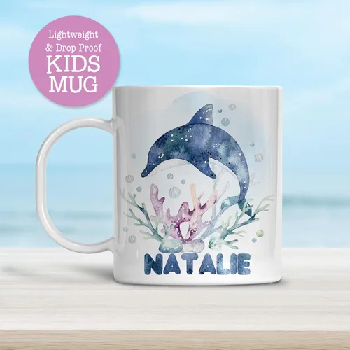 Vista 2 de Taza de delfín personalizada para niños, taza irrompible de animales marinos, apta para lavavajillas, sin BPA, regalo de fiesta infantil