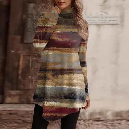 Vista 6 de Moda para mujer, a la moda, casual, de manga larga, cuello alto, holgada, holgada, túnica
