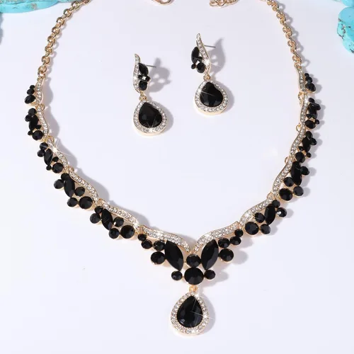 Vista 5 de Juego de aretes de collar de plata dorada roja esmeralda rosa negro azul joyería regalo para novia, mamá, esposa, abuela mujer en boda, fiesta