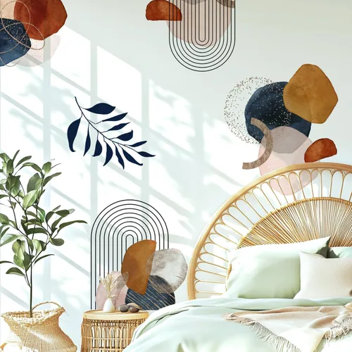 Vista 15 de Calcomanías de Pared Bohemias de Mediados de Siglo Modernas Despegar y Pegar, Pegatinas de Vinilo de Pared de Arcos Grandes Sol, Hojas Plantas