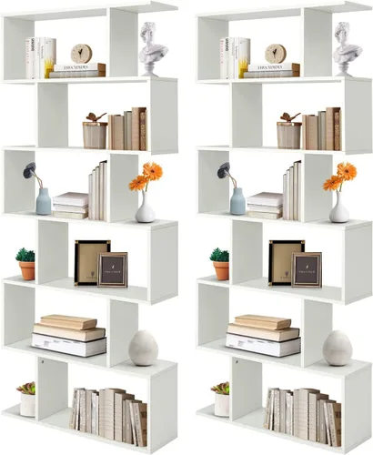 Vista 11 de Giantex Estantería geométrica blanca, de madera en forma de S, 6 niveles, moderna, independiente, decorativa, para dormitorio, sala de estar Blanco
