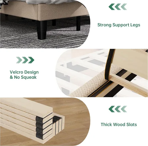 Vista 5 de Base de cama tamaño King con cabecero, cama de plataforma de lino con cabecera tapizada suave de altura ajustable, 10 piezas de soporte de listones