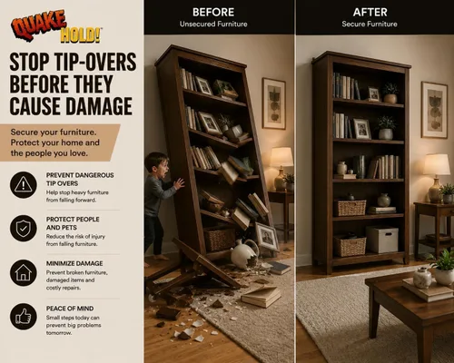 Vista 4 de Quakehold! Kit de correas para muebles, sujetadores para terremotos para preparación ante desastres, correas de seguridad a prueba de niños para RV
