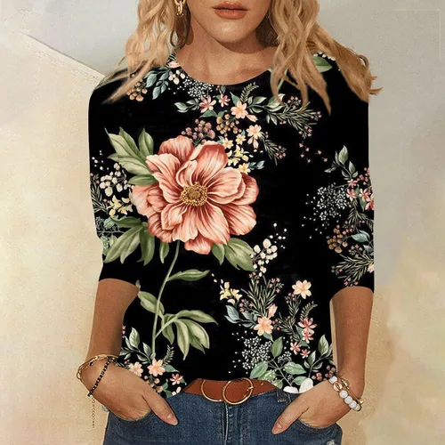 Vista 3 de Camisas para mujer, estilo casual, cuello redondo, manga tres cuartos, impresa, para mujer