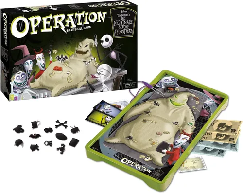Vista 2 de Operación: Juego de mesa Disney Pesadilla Antes de Navidad Juego de mesa coleccionable Con Oogie Boogie y arte de Pesadilla Antes de Navidad
