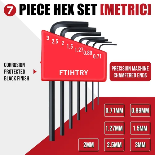 Vista 2 de FTIHTRY 7PCS Mini Hex-L Clave Allen Métrica, 0.7mm, 0.9mm, 1.27mm, 1.5mm, 2mm, 2.5mm, 3mm, Acero de Cromo Vanadio