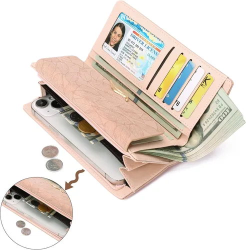 Vista 5 de Cartera de cuero para mujer, con bloqueo RFID, gran capacidad, triple tarjetero, carteras, monedero largo con ventana de identificación, C02 Rosa