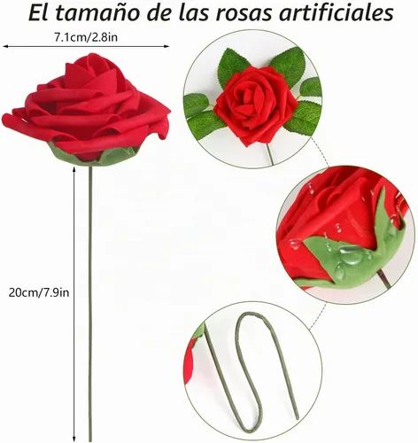 Vista 2 de LOKIPA 50 rosas artificiales, 50 unidades de rosas rojas de espuma de aspecto real, rosas artificiales con tallos para decoración de ramos de boda