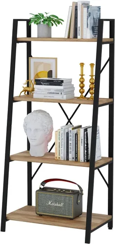 Vista 12 de BON AUGURE - Estantería de escalera, estante de 4 niveles, estantería de madera inclinada para libros para sala de estar, dormitorio, unidad