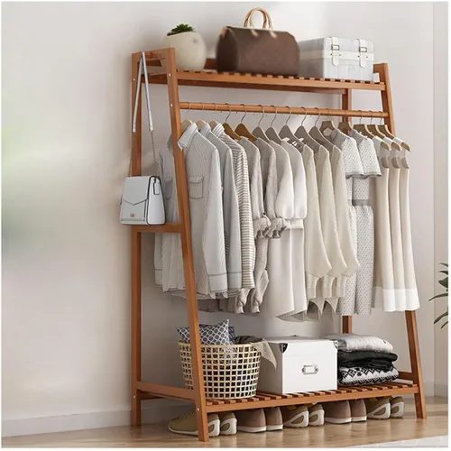 Vista 8 de Perchero independiente de madera maciza con 2 estantes, organizador de armario para dormitorio, ahorro de espacio (marrón, 19.7 in)