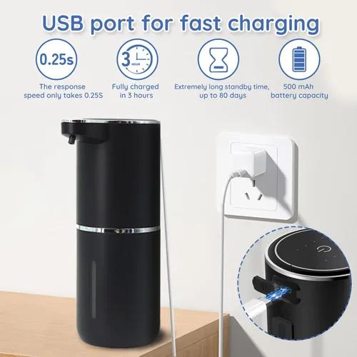 Vista 5 de Dispensador de jabón espumoso, dispensador automático de jabón, dispensador automático de jabón de 13.5 oz/13.5 fl oz, sin contacto, recargable por