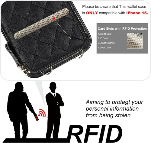 Vista 3 de Bocasal Funda tipo cartera con bandolera para iPhone 15, de cuero PU con bloqueo RFID, con cierre de cremallera, cartera tipo bolso con función