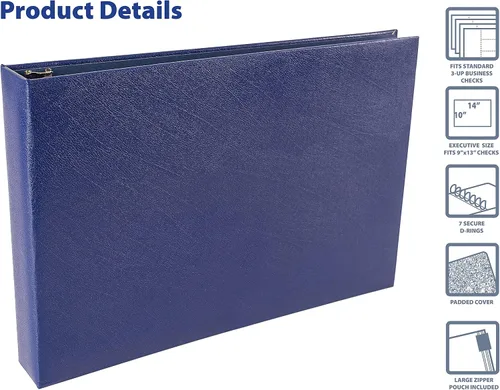 Vista 3 de Better Office Products Carpeta de cheques ejecutivos de 7 anillos con bolsa con cremallera, cubierta acolchada azul texturizada, para cheques