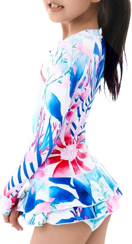 Vista 3 de Rashguard de manga larga para niñas, traje de baño de una pieza con protección UV
