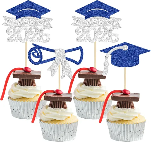 Vista 23 de Gyufise 24 piezas Adornos para pastel de graduación 2026 con purpurina negra, clase de 2026, adornos para magdalenas con gorra de graduación