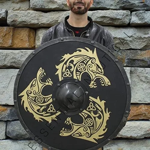 Vista 4 de Escudo de armadura vikingo medieval 24 '' Escudo redondo de madera - Estilo 24 Negro, Negro