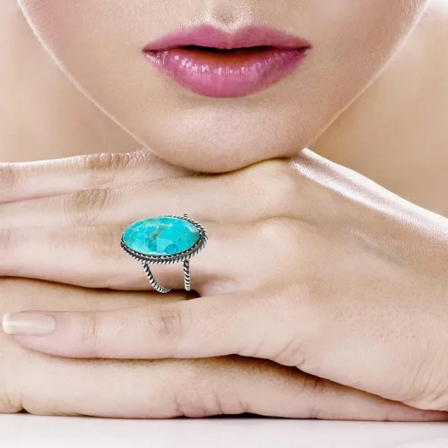 Vista 2 de Anillo turquesa de plata de ley 925 con piedras preciosas genuinas tamaño 6 a 11 (elige color)