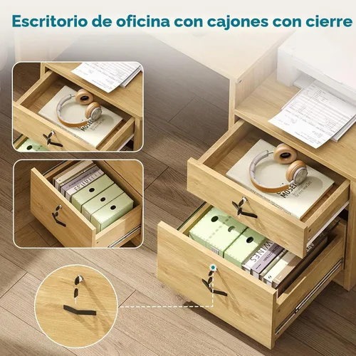 Vista 5 de Bestier Escritorio para computadora de 55 pulgadas con tomas de corriente y Roble natural