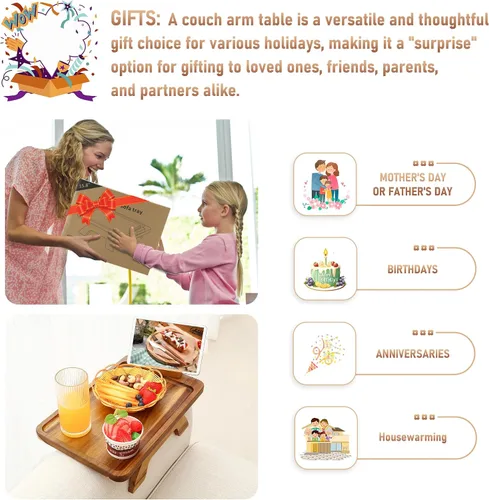 Vista 7 de SINWANT Mesa de Brazo para Sofá, Mesas de Reposabrazos de Sofá de Madera de Acacia, Mesa de Reposabrazos de Sofá con Soporte para Teléfono de 360°