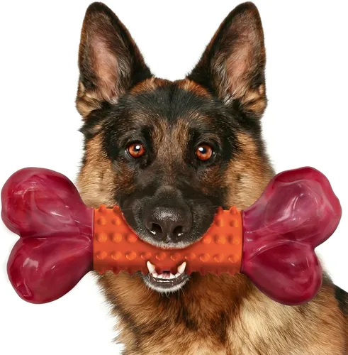 Vista 15 de Juguetes resistentes para perros masticadores agresivos de raza grande, hueso para masticar con sabor a tocino, juguete masticable de nailon y goma