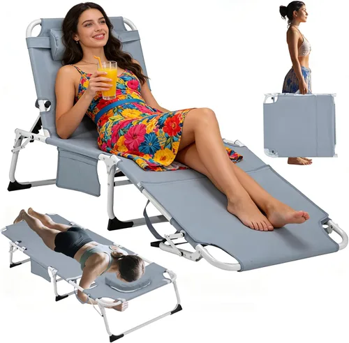 Vista 9 de Silla de bronceado resistente 3 en 1 con orificio para la cara, ajustable de 5 posiciones, sillas tumbonas plegables portátiles que se reclinan Azul