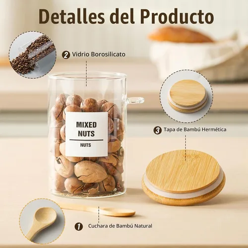 Vista 5 de Paquete de 6 tarros de vidrio de 32 onzas con tapas de bambú, recipientes de almacenamiento de vidrio con tapas, tarro hermético transparente
