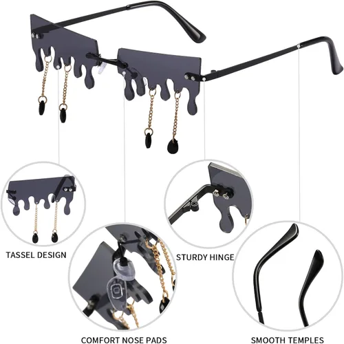 Vista 4 de Kepoita Gafas de sol sin montura para mujer, con borlas, para fiesta de Halloween, rave, divertidas, sin marco, lentes irregulares, Rosado