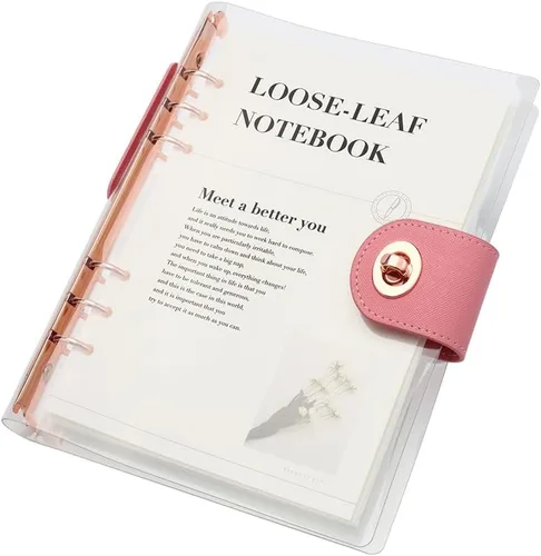Vista 8 de Carpeta de cuaderno rellenable transparente A5 con 90 hojas de papel rayado en negro, cubierta protectora de PVC transparente suave con 6 anillas