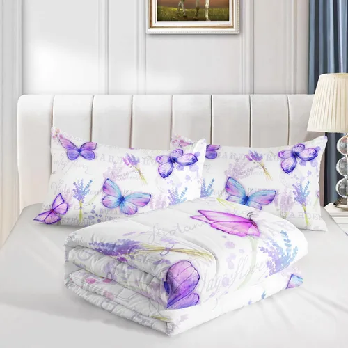 Vista 6 de Juego de edredón de mariposa tamaño individual para niñas, niños y adultos, juego de ropa de cama con patrón de flores de lavanda, juego de cama